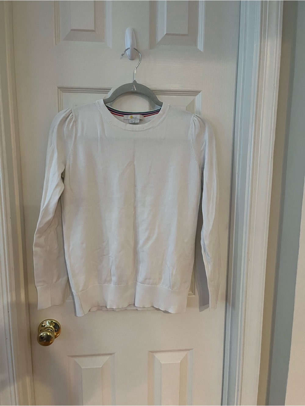 Boden White Crewneck Sweater with Subtle Shoulder Puff